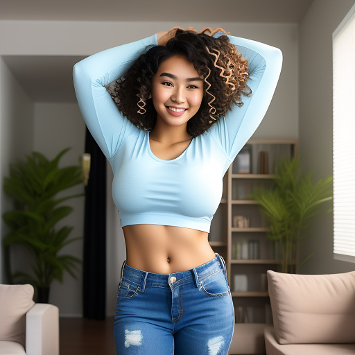 Sexy asian college student with her arms up and large boobs and short curly hair and in a long sleeve loose cropped t shirt and jeans pants and showing her whole belly and standing in the living room and full body picture in custom style