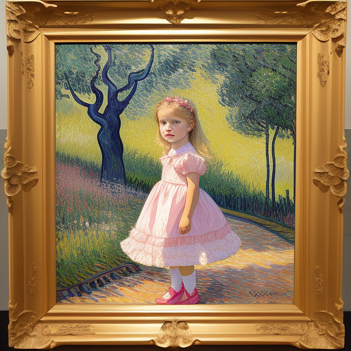 , little girl in pink dress in neo impressionism style