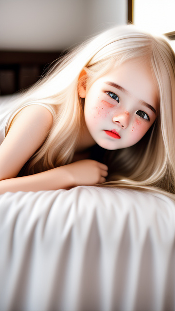 Girl cute face cryning, pale hair  bed stanting bed in custom style