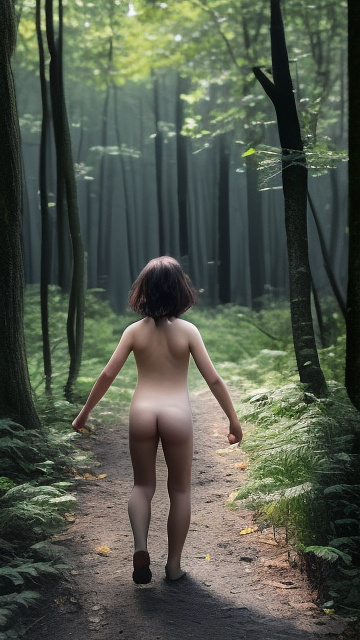 A 9-year-old naked girl is walking through the woods alone. in custom style