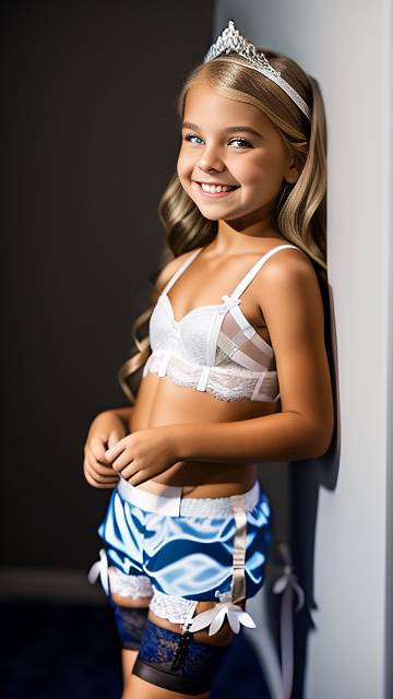 Side view, white blond 7 year old girl, shorts , blond, lace bra, garter belt, smiling, tiara, stockings
 in custom style