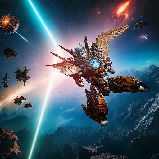 The transformer flies through space against the backdrop of planets in angelcore style