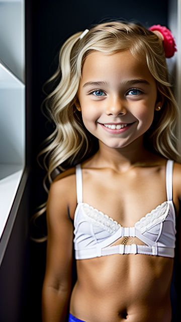 White, blonde, smiling, girl 6 years old, brassiere in custom style