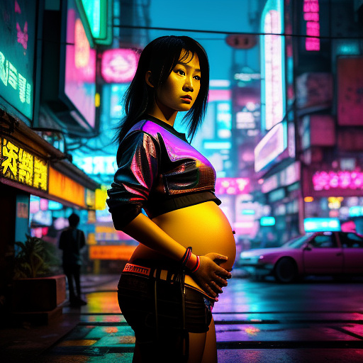 Pregnant asian teen facing sideways in cyberpunk style