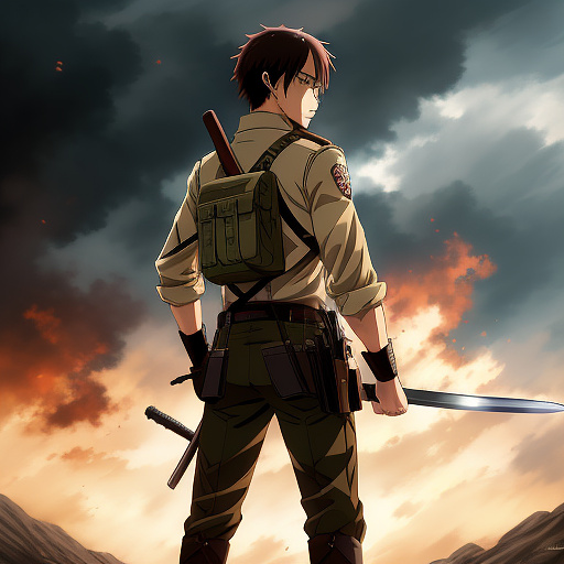 Angry scout regiment solider from attack on titan anime who has drawn his sword vowing to “cut the bitch” refering to the female titan. in anime style