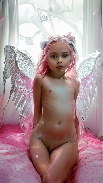 A 7-year-old girl lies naked on a bed and masturbates. in angelcore style