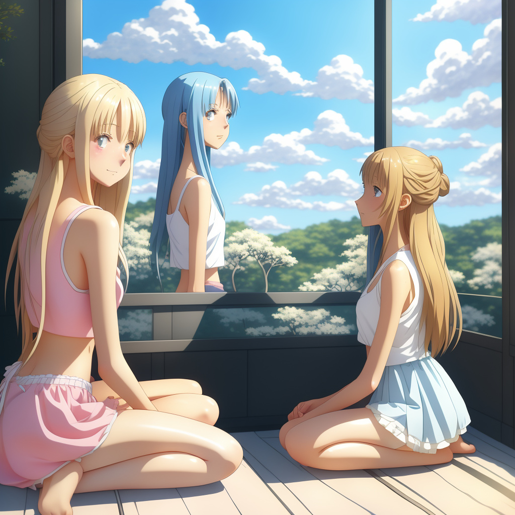 Young pretty skinny slim european girl identical quadruplets. 14 year old girls. young teenage girls. long blond hair. blue eyes. pale white skin. wearing pink tank top and short white skirt. sitting on a bed. photorealistic.  in anime style