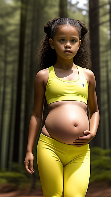 Pregnant, 7-years-old, jenna ortega, forest, front view, yellow sports bra  in custom style