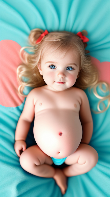 Realistic, detailed, 4-year-old blonde girl, in cyan dress, pregnant, laying in bed, top down full body view, red blush, right hand on belly   in custom style