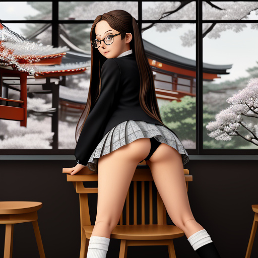 Ultra realistically a 22 year old german girl with a black braid with glasses and brown eyes 1.70 tall thin in schoolgirl uniform kneel on a chair her underwear is open in the crot you can see her vagina and her anus from very close in anime style