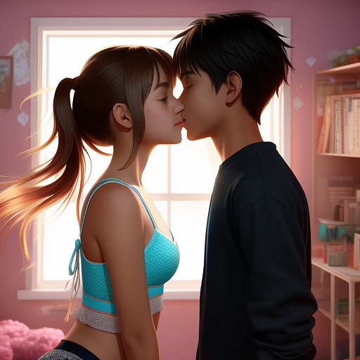 A romantic moment between a childhood couple in a cozy bedroom. the 11-year-old sexy hot girl, wearing a light, stylish bras and yoga pants, shares a gentle kiss with her 11-year-old boyfriend.  in anime style