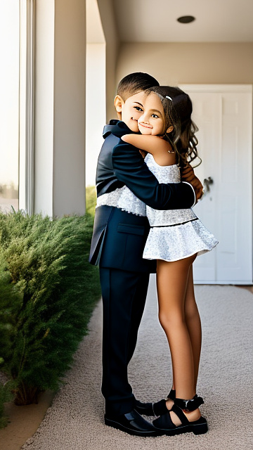 A romantic moment between a childhood couple. the very sexy hot 11 year old girl, wearing her super sexy clothes, hugging the 11 year old boy. in custom style