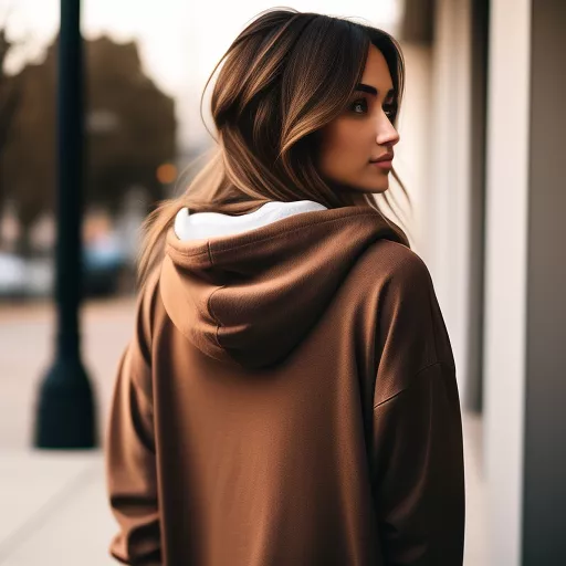 Woman with brown lower back length hair, brown eyes, she wears a baggy hoodie in custom style