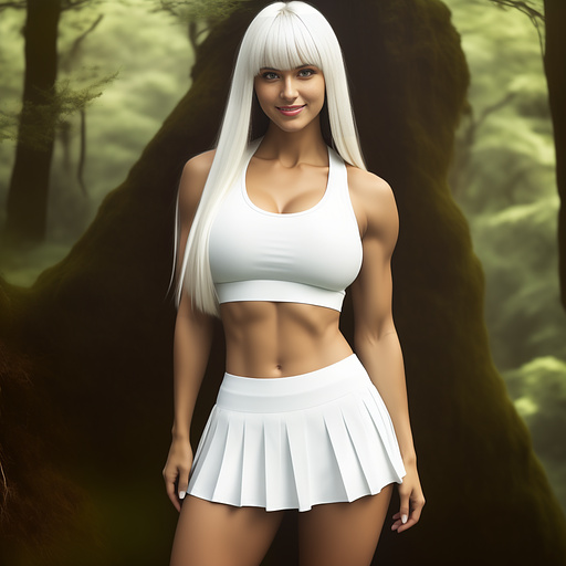 Beautiful woman with huge muscular body of standard height. she has long white hair with bangs, big red eyes, pale white skin, strong arms, huge breasts, long wide hips and strong legs. she's smiling. the clothing is a white sleeveless top, a green skirt with black sports shorts underneath, and brown boots.fighting stance.forest background during the day. highly detailed body, muscles, clothes, hair and face. in anime style