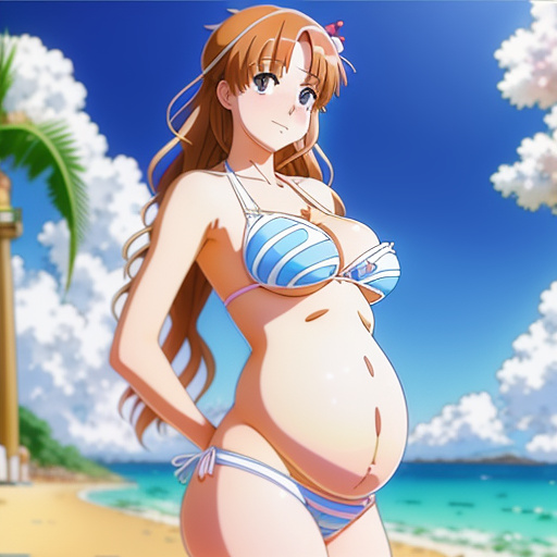A heavily pregnant woman in a bikini in anime style