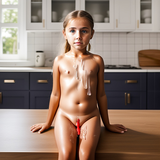 Ultra realistically a 10 year old girl sits on kitchen table and shows her open sheath with sperm drips out of very close detailed in custom style