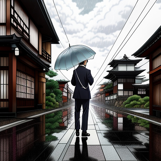 The real man in the rainy weather in anime style