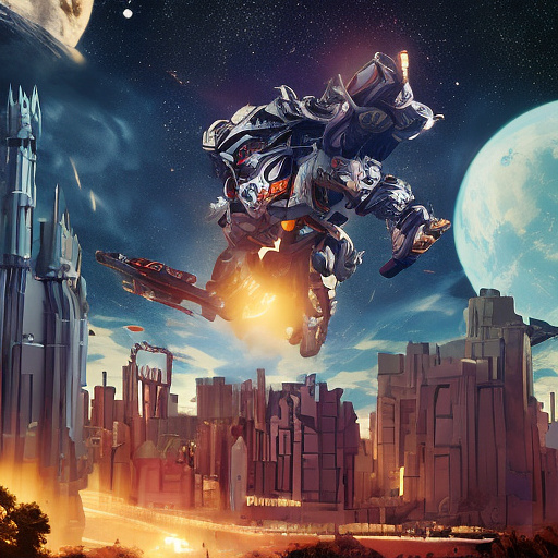 A cheerful transformer flies through space against the backdrop of planets. in disney painted style