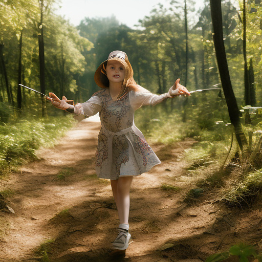 A 9-year-old girl is skipping along a forest path. she has a basket in her hands and a sun hat on her head. in custom style
