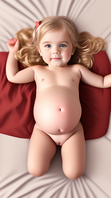 Realistic, detailed, 4-year-old blonde girl, in red peach dress, pregnant, laying in bed, top down full body view, red blush, right hand on belly   in custom style
