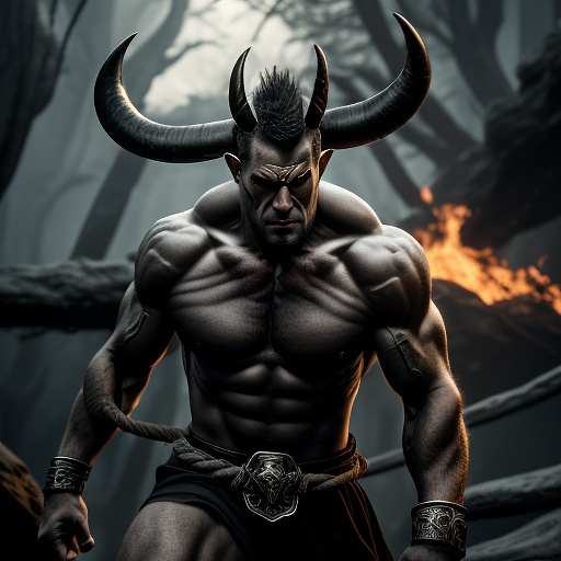A buff gray-skinned vampire man with argali horns shirtless with rope tied around his arms and fists and medium length hair, full-body in darkfantasy style