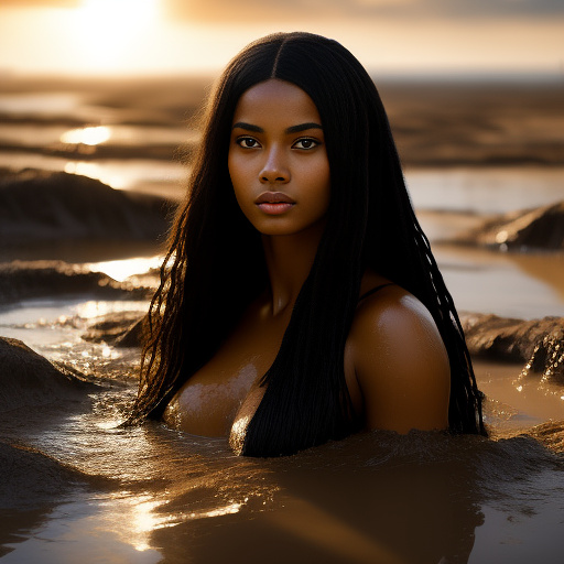 A beautiful woman with light tan skin and long straight black hair  submerged head deep in mud. in egypt style