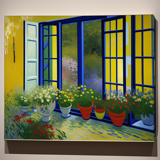 Window with summer flowers in neo impressionism style