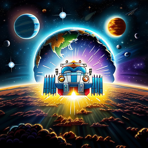 A cheerful transformer flies through space against the backdrop of planets. in disney painted style