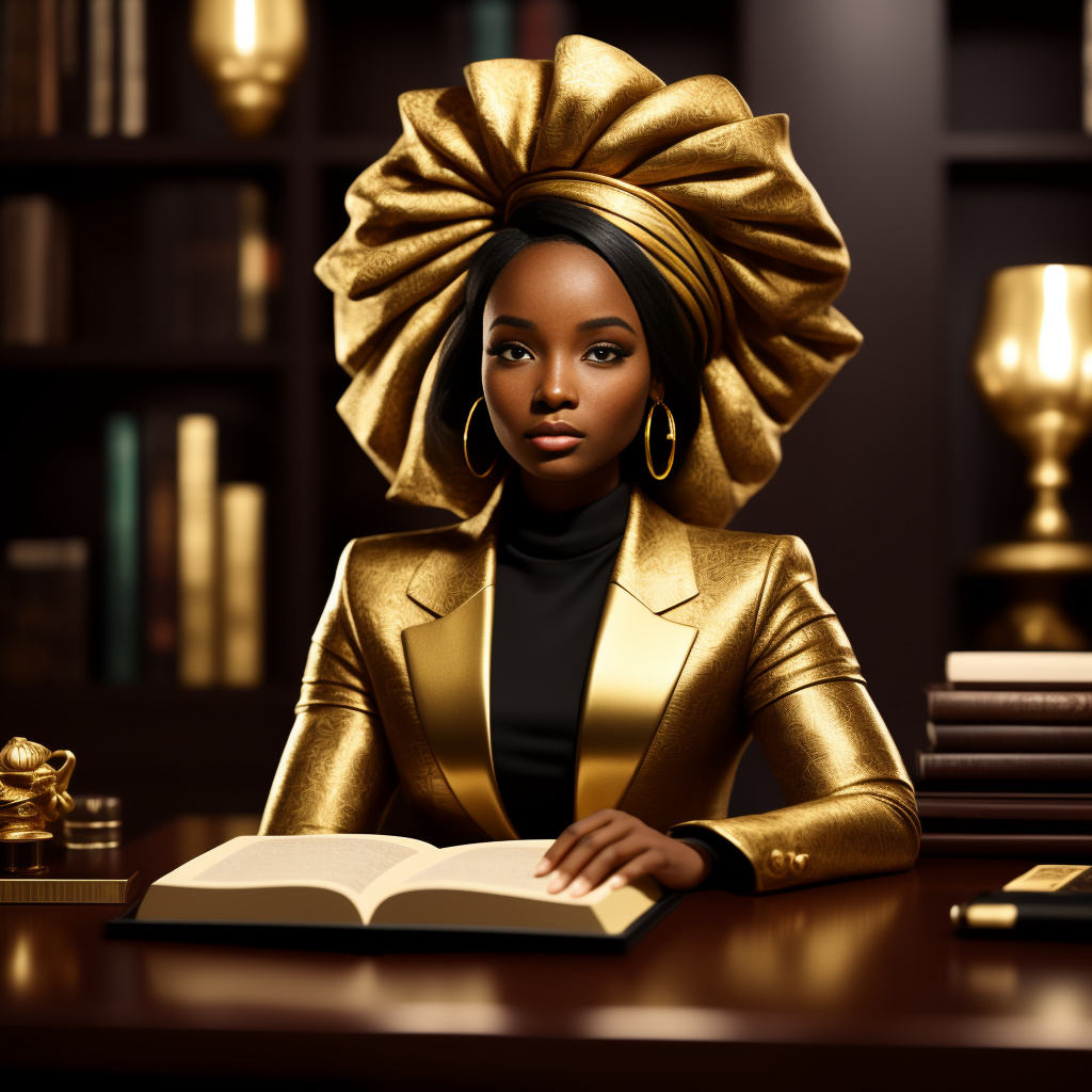African american chibi woman narrator, elegant and adult-like features, bold eyes, glamorous outfit with golden accents, sitting at a glowing desk with ancient scrolls and a bible open, cinematic lighting.
 in disney painted style
