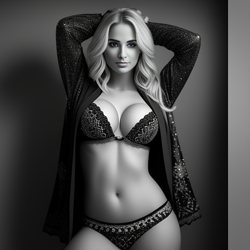 Blonde college student with her arms up in a long sleeve black belly dancer outfit and showing her cleavage and full body portrait  in bw photo style
