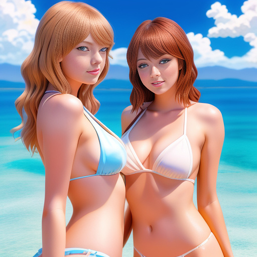 Taylor swift licking emma stone in bikinis  in anime style