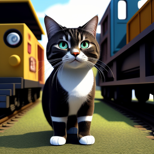 A standing cat  holding a train toy in disney 3d style