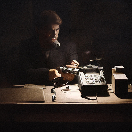 In a dark room, there is a telephone and a gun on the table. a man is sitting on a chair, and he is dead. in custom style
