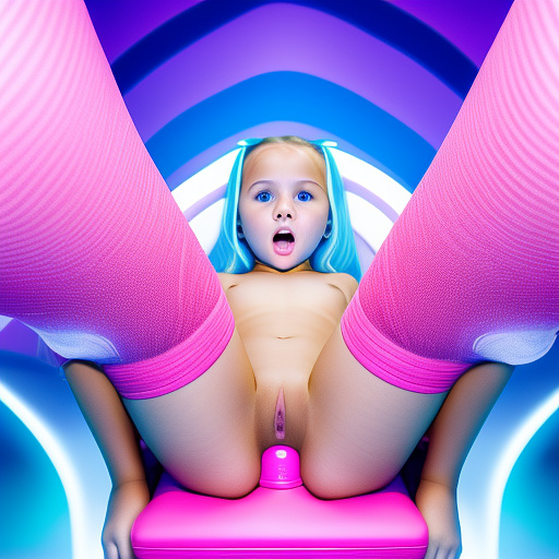 Ultra realistically a 10 year old girl sits down on a sex chair she frightens herself as a dildo into her vagina and sperm in her vagina splashes the sperm runs out of her vagina very close detailed in custom style