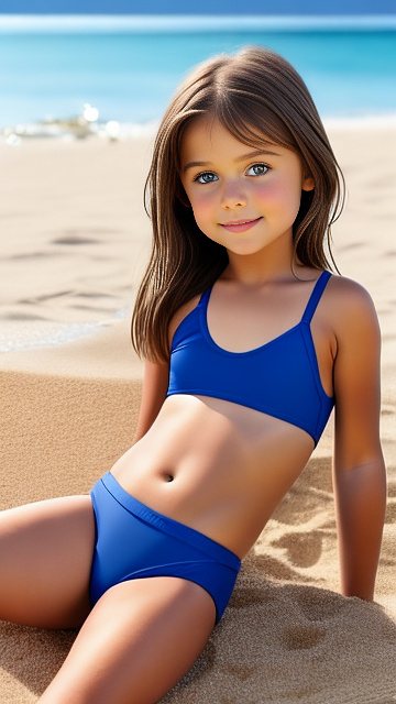 Realistic, detailed, 6-year-old girl, brown hair, full-body, blue swimsuit, sitting on the beach, see between her legs, muscular body and legs, tummy, legs up,  in custom style