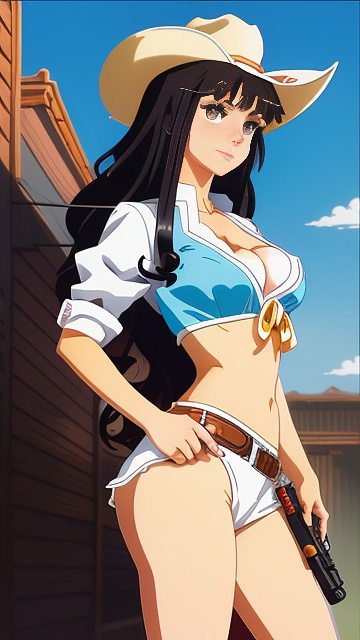 Pinup-style cowgirl holding a pistol with a western background in anime style