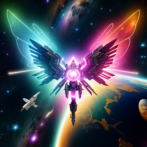 A cheerful transformer flies through space against the backdrop of planets. in angelcore style