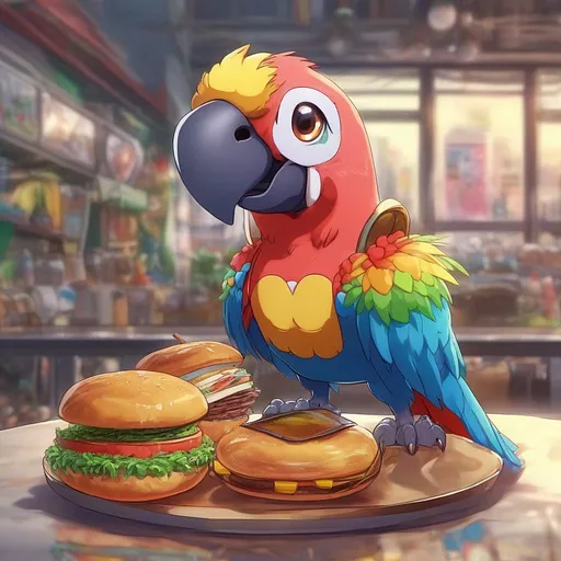 A colorful parrot stands on a hamburger sandwich
 in anime style