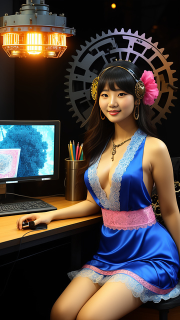 Young korean woman wearing a blue thai dress covered in a pink, lace-patterned sash, with a work desk and a computer. sitting and working office backdrop,ue5, no wear anything,no dressing,naked,big bust,big cleavage,big chest,bare,slender body,white skin,very realistic,full body and smile,the background is bright and bright. in steampunk style