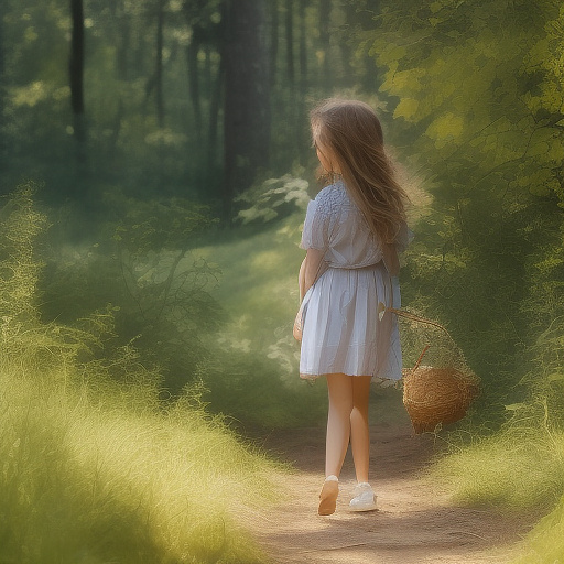 A 9-year-old girl is walking along a forest path. it's evening. she has a basket in her hand. view from behind. in custom style