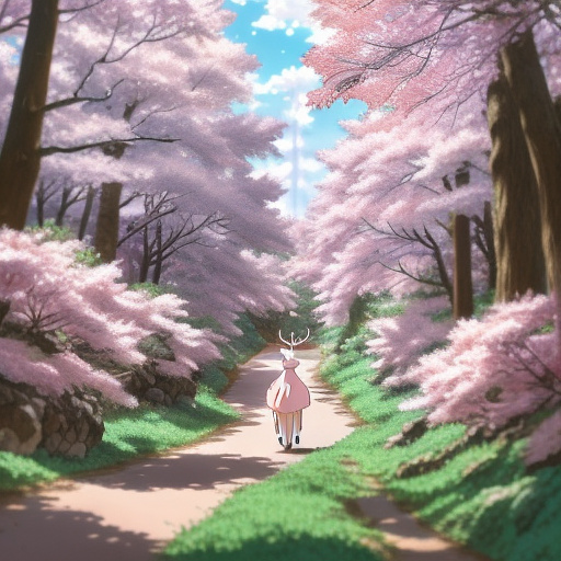 Blue-eyed girl in a pink dress riding a fluffy white deer in front of a forest in spring facing away from the forest in anime style
