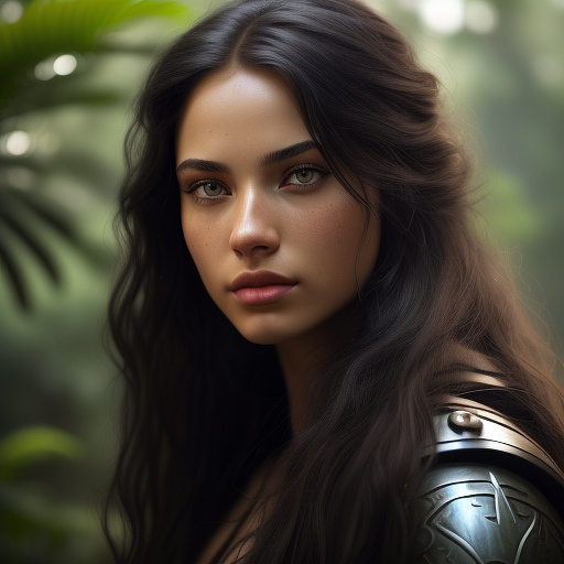 A young woman with long dark hair, beautiful detailed eyes, beautiful detailed lips, extremely detailed face and skin, longeyelashes, wearing a sexy combat outfit, holding a very detailed blaster pistol, raiding an imperial convoy in a lush jungle, action pose, cinematic lighting, dramatic colors, (best quality,4k,8k,highres,masterpiece:1.2),ultra-detailed,(realistic,photorealistic,photo-realistic:1.37),science fiction,concept art in custom style