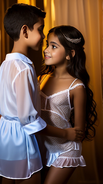 A romantic moment between a childhood couple. the grade-6 sexy hot girl, wearing her sheer nightie, does sandungueo dance with the grade-6 boy. in custom style