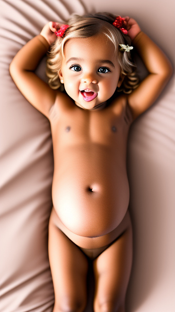 Realistic, detailed, 3-year-old twin blonde girls, pregnant, tan wedding outfit, showing belly, laying in bed, top down full body view, red blush, dark skin, mouth open,  in custom style