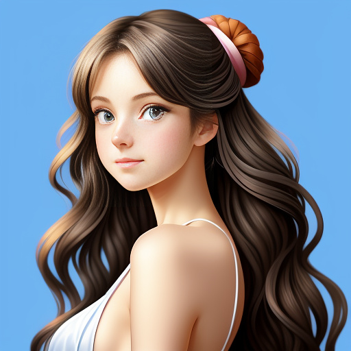 Create an image of a beautiful young girl with big blue eyes small soft lips and a cute nose long wavy hair a slender neck large breasts small waist slender hips i know we just met but i think you're super hot i know you're going to be a sexy baby and i really love you in anime style