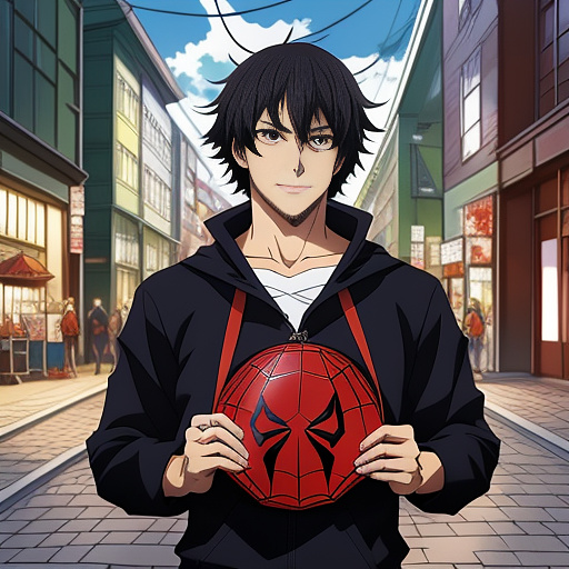 A man with spider man costume and a big bag saying i’m a demon  in anime style