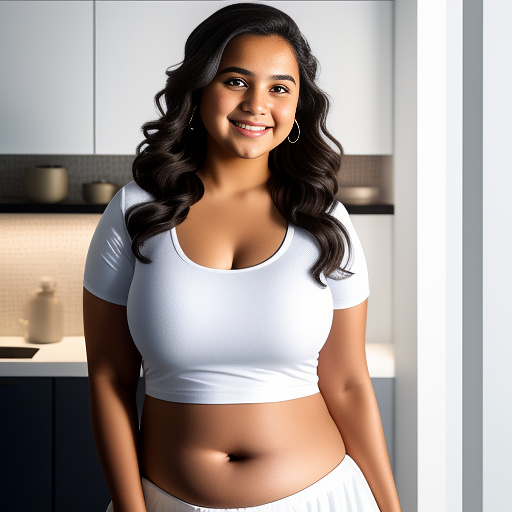 Overweight, smiling, hispanic preteen girl, wearing a white t-shirt pulled up and a black skirt below her exposed large and distended belly, both hands holding her lower belly, in a modern kitchen, at night, with warm  and soft lighting  in realistic style