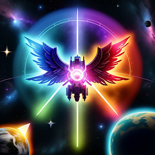 A cheerful transformer flies through space against the backdrop of planets. in angelcore style