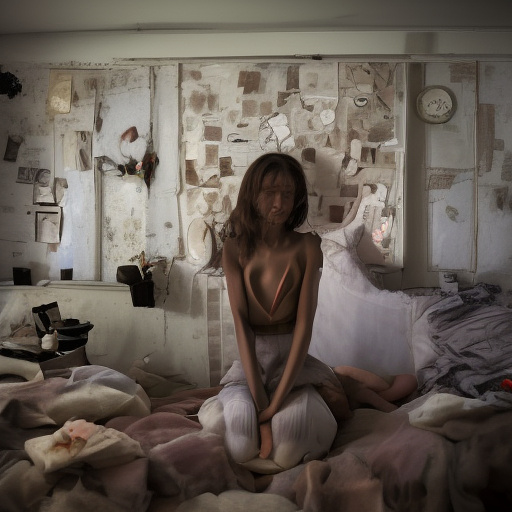 A 13-year-old girl lies on a bed in a dark room and cries. the room is dark, smoky and a mess, the bed is broken. there is an ashtray with an outstanding cigarette on the table. in custom style