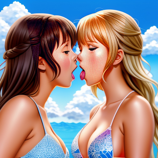 Taylor swift and emma watson in bikinis kissing each other with tongues  in anime style